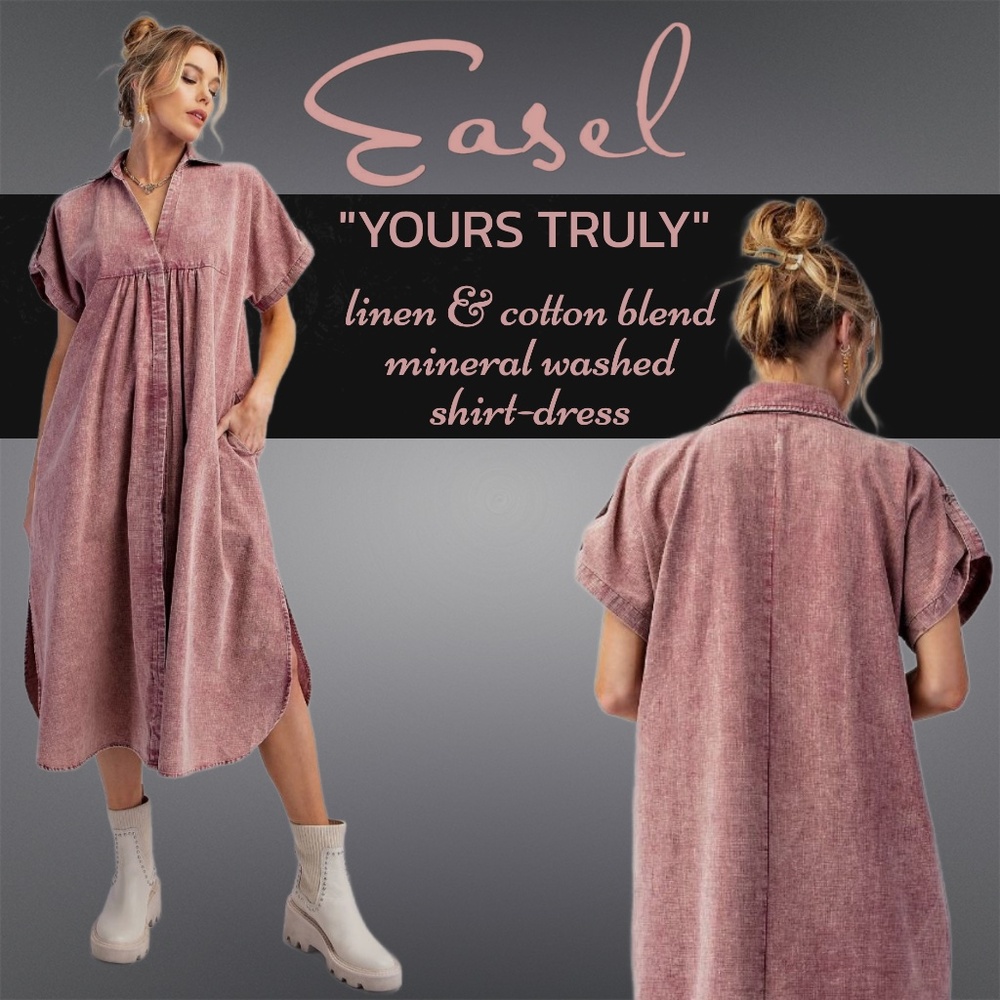 EASEL “Yours Truly” Mineral Washed Linen & Cotton Button Front Long Shirt Dress